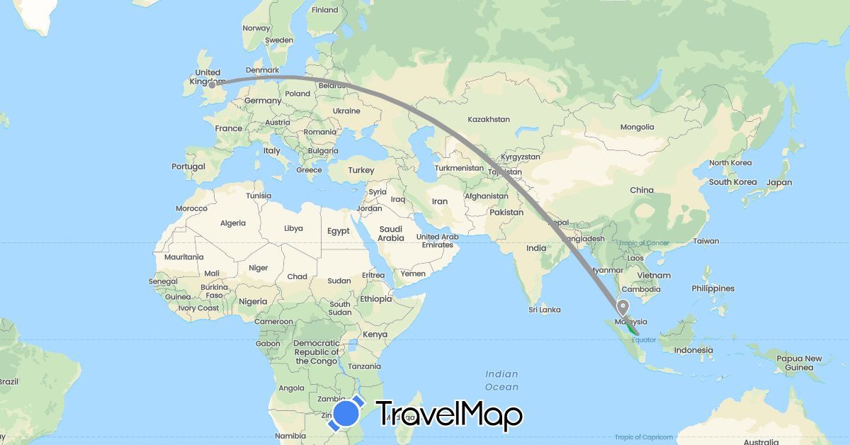 TravelMap itinerary: driving, bus, plane in United Kingdom, Malaysia, Singapore (Asia, Europe)